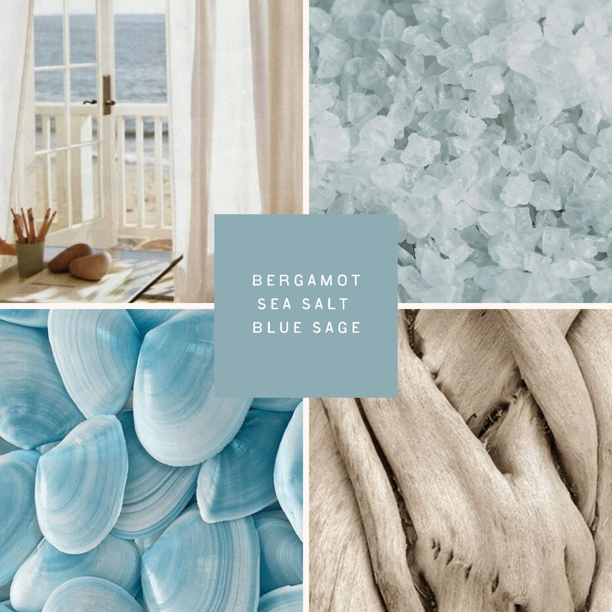A soft coastal collage representing the Beach Haus scent: sheer curtains billow beside an open door with ocean views, coarse cut sea salt, smooth blue seashells evoke a watery freshness, and textured driftwood adds an earthy, weathered touch. The imagery blends airy, salty, and serene elements to capture a clean, relaxing beach-inspired scent.
