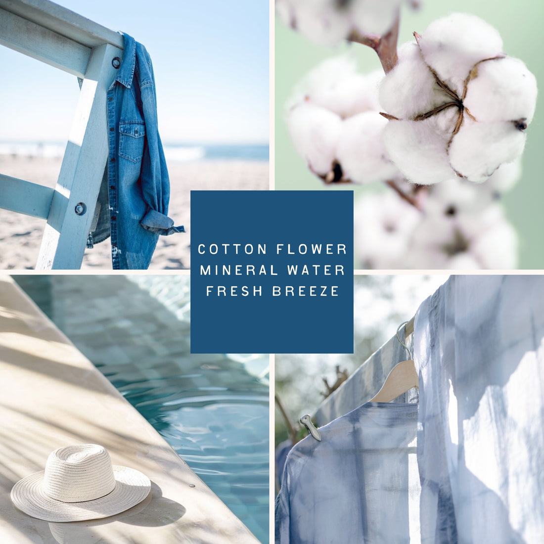 A fresh, airy collage capturing the essence of the Chambray Breeze candle: a denim shirt draped over a beach lifeguard stand, soft cotton blossoms against a pastel background, a straw sunhat beside a sunlit pool, and lightweight blue linen drying in the breeze. Evokes a coastal lifestyle with clean fabrics, soft textures, and a relaxing scent inspired by fresh sheets and mineral water.