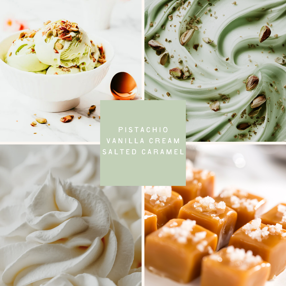 Collage of images depicting the scent notes of nutty pistachio, vanilla cream, and salted caramel