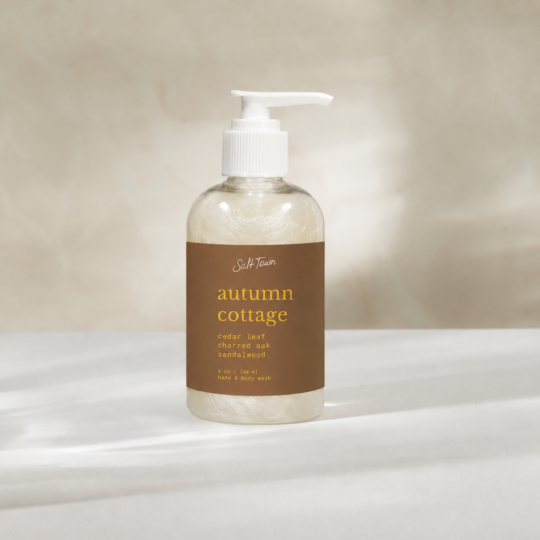saddle pump soap bottle with autumn cottage brown label